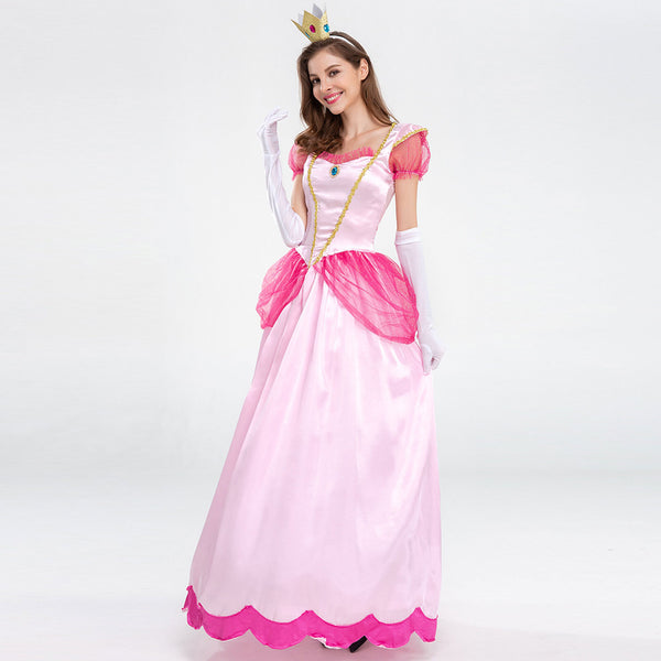 Adult princess costume on a grey background, three-quarter view