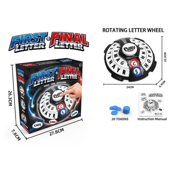 Blue Set word game box measuring 27.8 x 26.3 x 7.6 cm with letter wheel, 20 tokens and instruction sheet