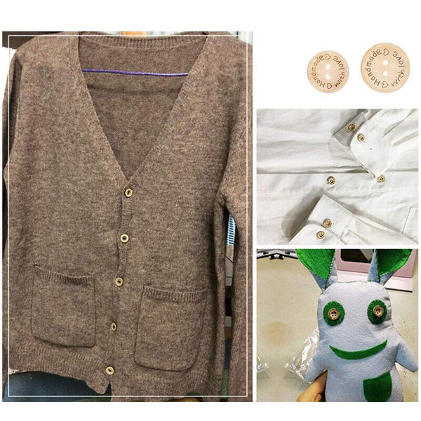 100PCS Natural Wooden Button Craft Sewing DIY Handmade With Love Wooden Buttons