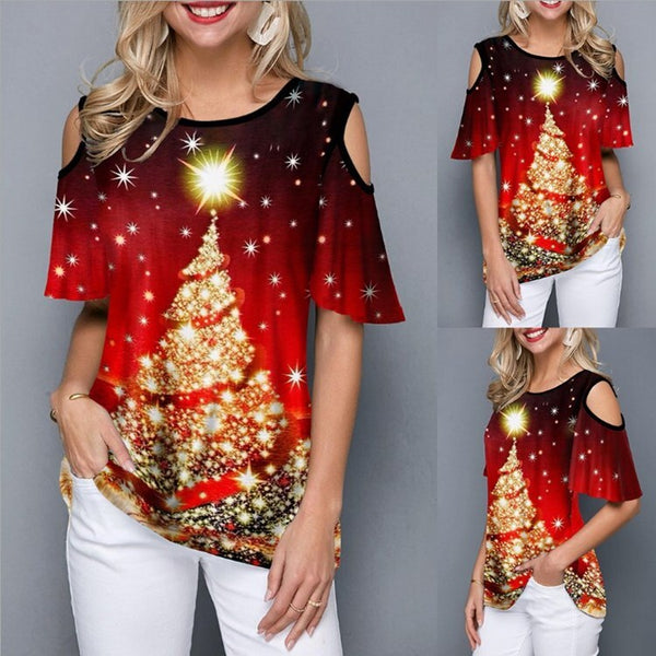 Women's Christmas Top - Cold Shoulder Christmas Tree T-Shirt in Red, Green, Purple or Blue, M to 5XL