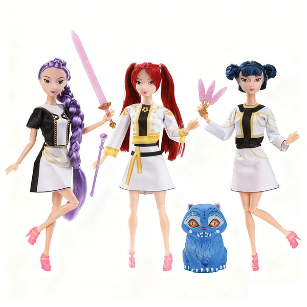 Three 30cm K-pop idol dolls in white and gold stage outfits on a white background
