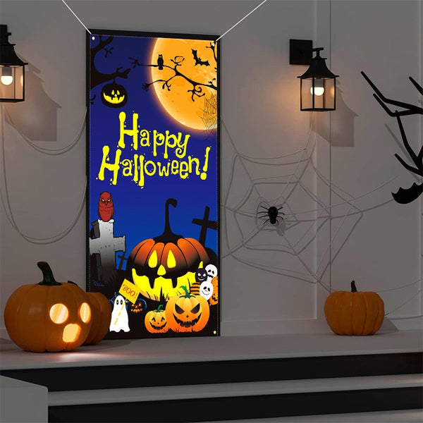 Smooth polyester fabric detail on a Halloween door banner