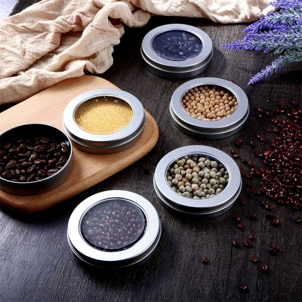 2 Ounce Metal Tin Cans Round Empty Containers with Clear Top Storage Box