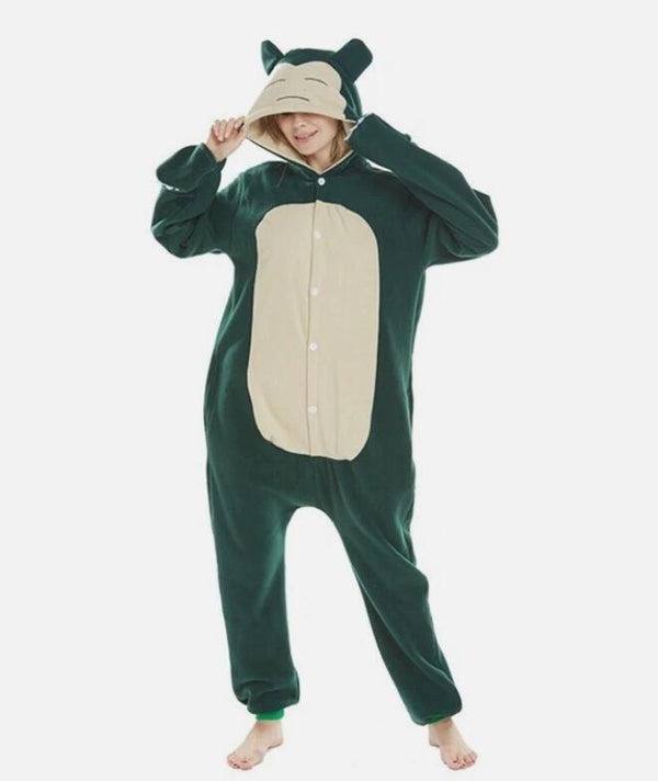 Green Sleepy Creature kigurumi onesie, front and back view