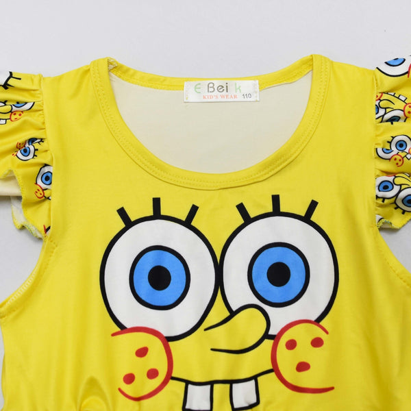Close-up of the SpongeBob face print on the yellow costume dress bodice