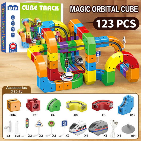 123 piece cube train track set with two trains and accessories display