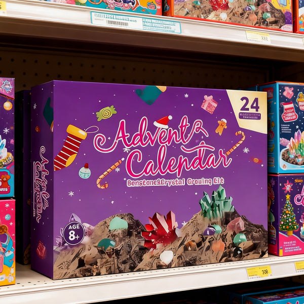Kids gemstone advent calendar on a toy shop shelf
