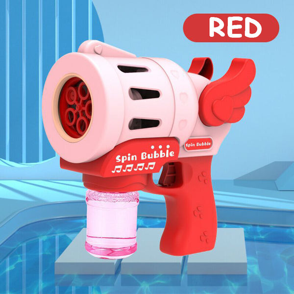 Red winged bubble gun for kids with bubble bottle