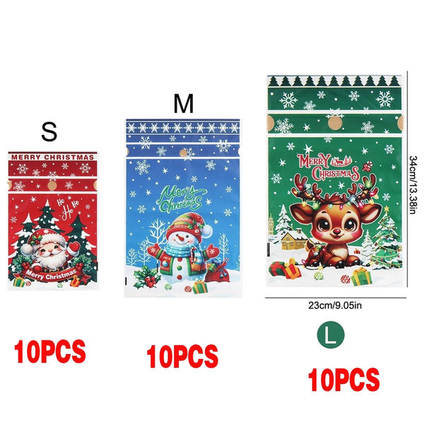 Mixed size pack BB: 10 small Santa, 10 medium Snowman and 10 large Reindeer Christmas gift bags