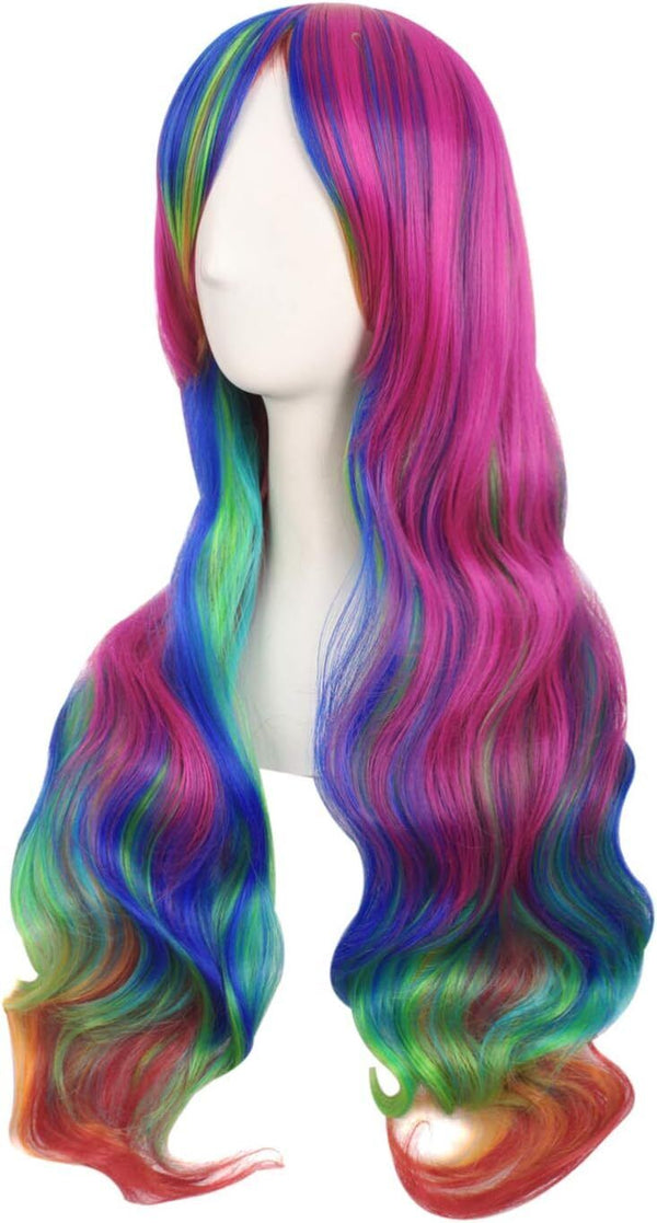 Women 70cm Long Rainbow Wavy Curly Cosplay Wig Party Costume Wig Hair Lolita Wig