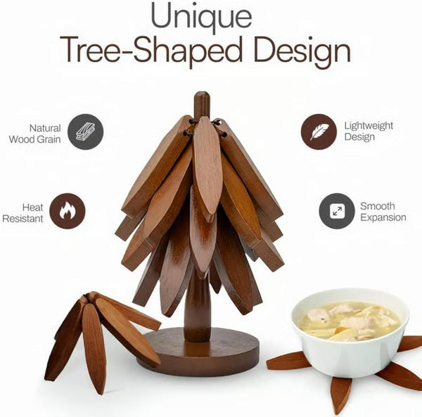 Tree-shaped trivet stand with natural wood grain and folding trivets