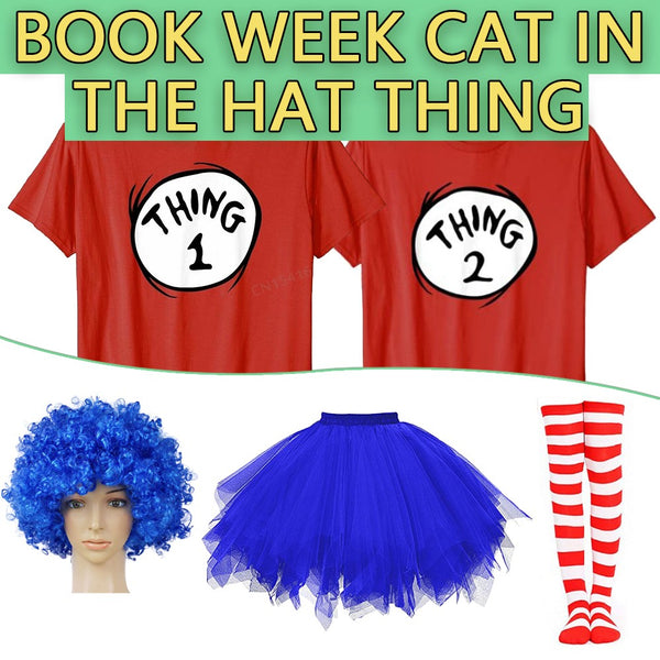 Thing 1 and Thing 2 Book Week costume set with t-shirts wig tutu and socks