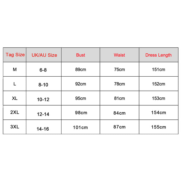 Pink princess costume size chart, AU sizes 6 to 16