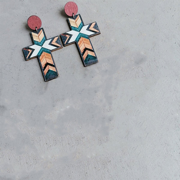 Vintage Cross Pattern Patchwork Earrings Colorful Boho Jewelry for Women Gift