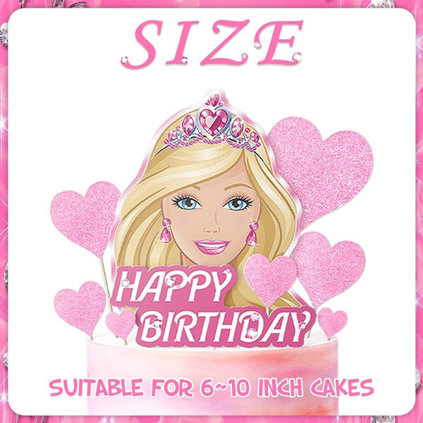 9 piece Barbie paper cake topper set laid out before use