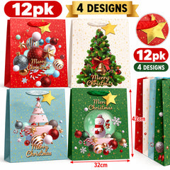 Large Christmas Gift Bags 12 Pack – 32 x 42cm Christmas Present Bags, 4 Designs