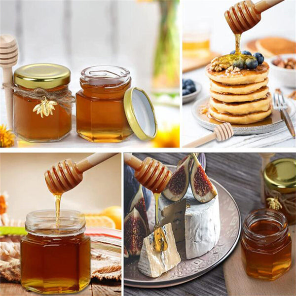 50Pack Hexagon Mini Glass Honey Jars with Wood Dipper Gold Lid Bee Pendants Rope