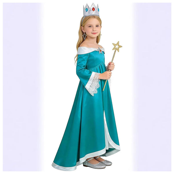Girl in Rosalina princess costume holding a star wand, full length