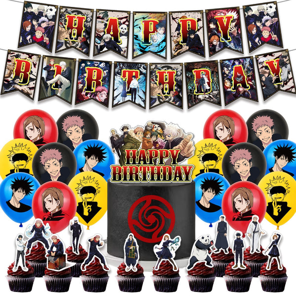 Kids anime party set with banner, balloons and cake toppers