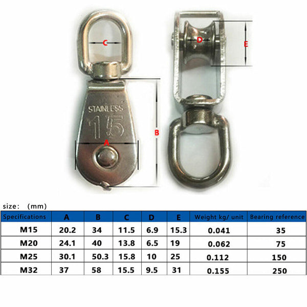 Stainless M15/20/25/32 Pulley Sheave Traction Fixed Single Wheel Swivel