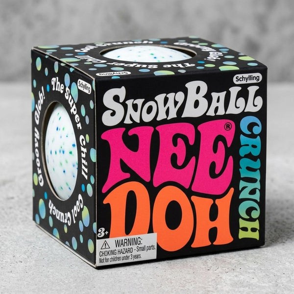 Snowball crunch squishy ball in its box, front view