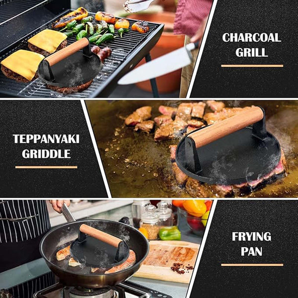 Cast Iron Burger Press with Wooden Handle | BBQ Grill Meat Smasher Patty Maker