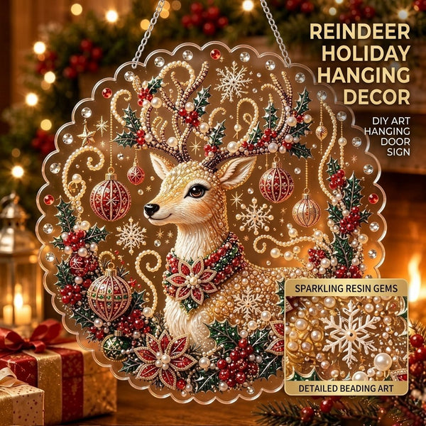 Reindeer holiday hanging decor with close-up of resin gems and beading detail