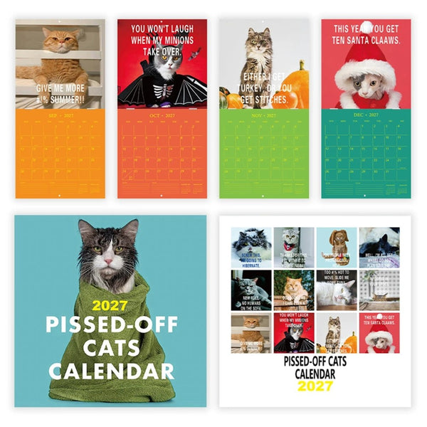 Funny cat calendar monthly pages with a caption for each month of 2027