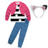 Gabby cat costume front view with pink cardigan top and blue jeans style pants