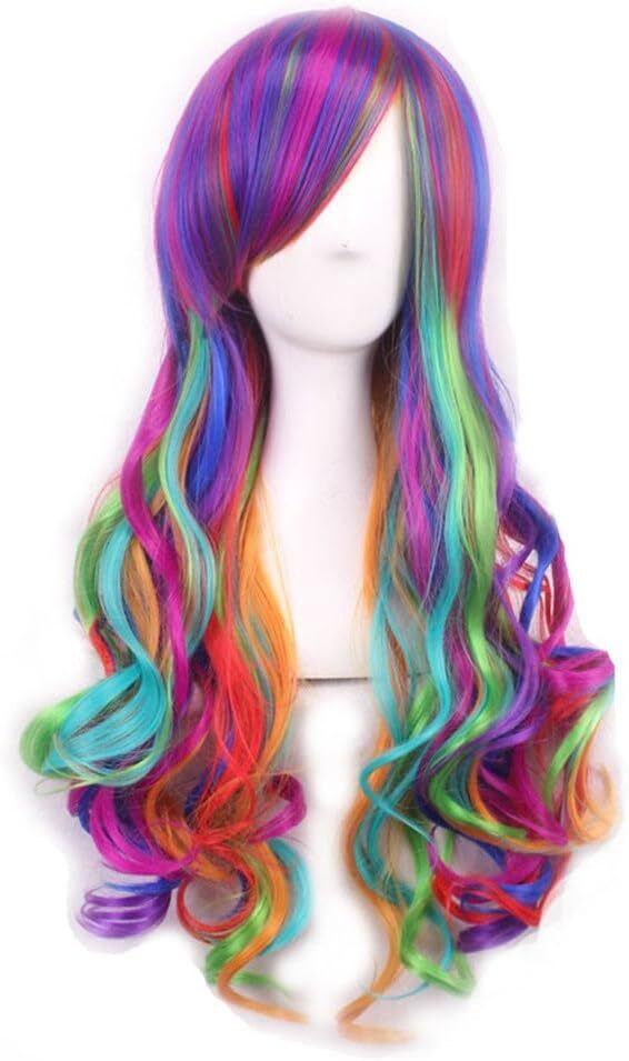 Women 70cm Long Rainbow Wavy Curly Cosplay Wig Party Costume Wig Hair Lolita Wig