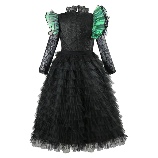 Wicked Elphaba witch dress front view - black ruffle tulle with green sleeves - Lets Party