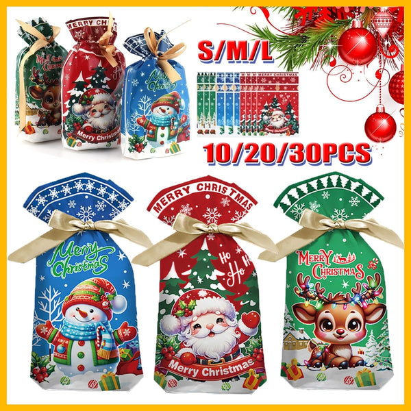 Christmas gift bags in Santa, snowman and reindeer designs, S, M and L sizes, packs of 10, 20 or 30