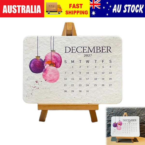2027 calendar on plantable seed paper, December card on a small easel stand