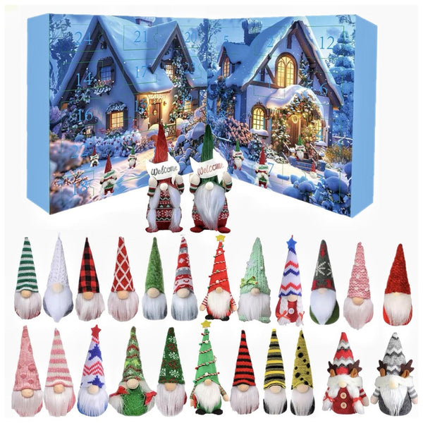 Blue snowy cottages Christmas gnome advent calendar opened with two gnomes holding welcome signs