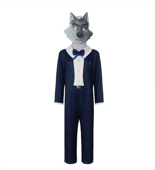 Child in blue Mr Wolf jumpsuit costume with wolf mask and bow tie