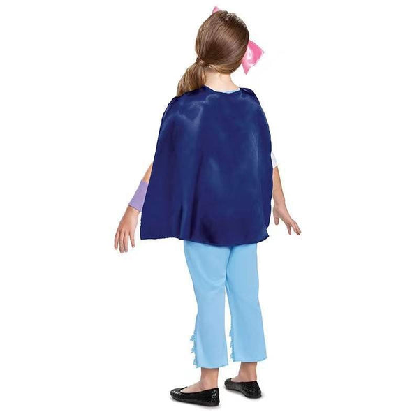 Back view of girl in Bo Peep costume with navy cape
