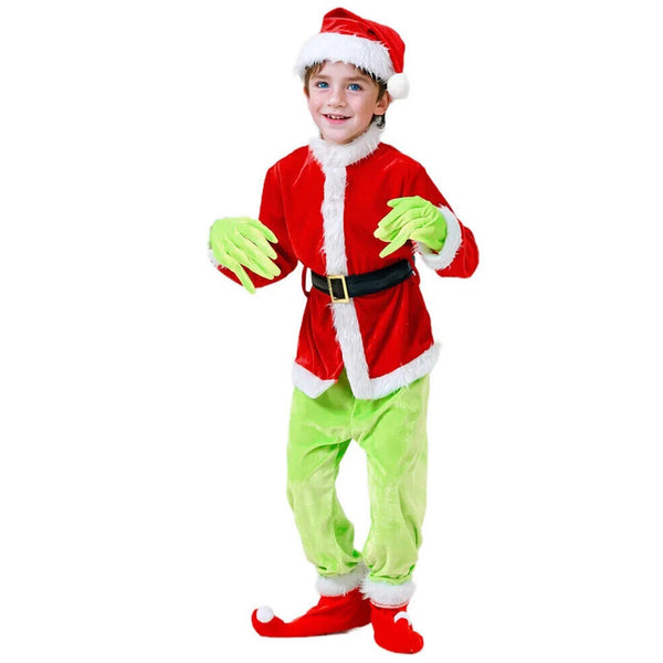 Kids Christmas costume front view, red jacket with white trim and green pants