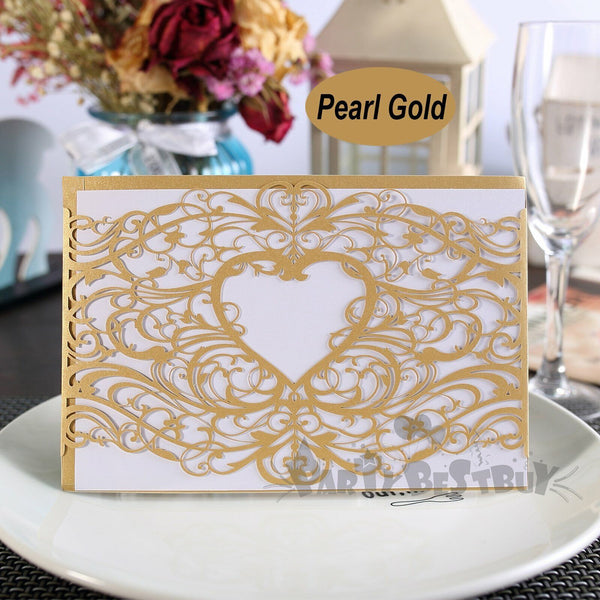 10pcs Laser Cut Wedding Invitations Pearl Card Pocket Envelope Invites 25 Style