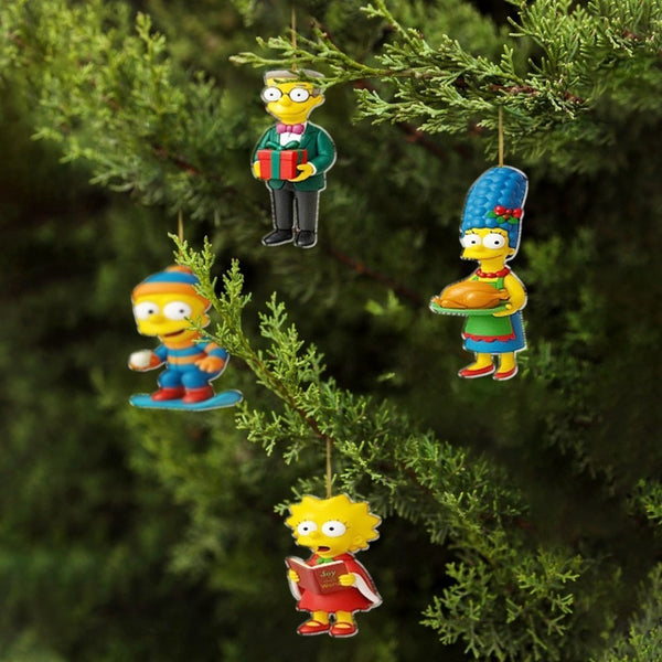 Acrylic cartoon character ornaments hanging on a Christmas tree