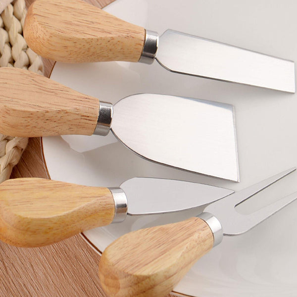 4pcs Cheese Knife Set Wooden Handle Slicer Fork Scoop Cutter Cheese Platter Tool