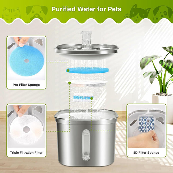 2.2L Stainless Steel Water Fountain Pet Dog Cat Drinking Dispenser Filter Feeder