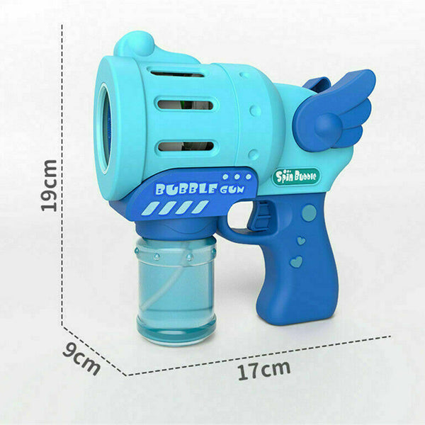 Blue bubble gun size about 17 x 9 x 19 cm on a white background