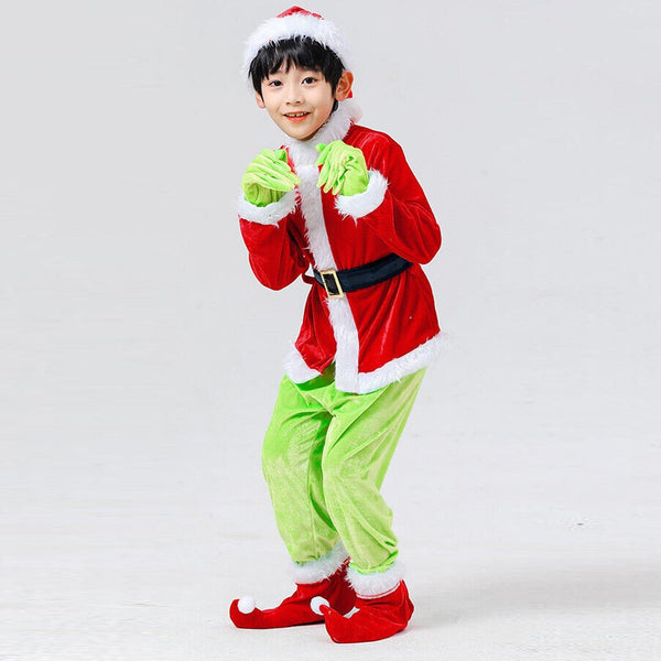Boy wearing the green and red Christmas costume with furry gloves