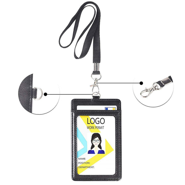Leather ID Badge Lanyard Holder Vertical Double Card Wallet PU Office Bus Card