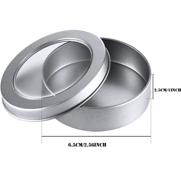 2 Ounce Metal Tin Cans Round Empty Containers with Clear Top Storage Box