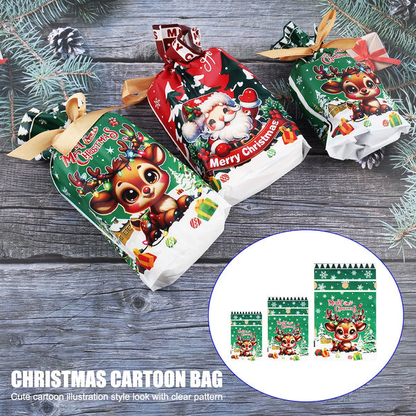Christmas cartoon gift bags with the three sizes shown flat