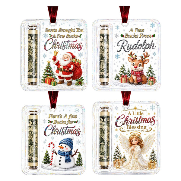 4 pack: Santa, reindeer, snowman and angel cash gift ornaments