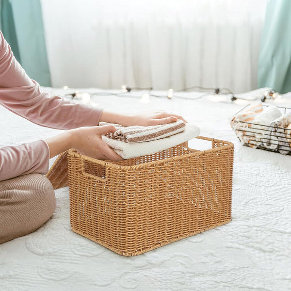 Storage Box Bedroom Organizer Faux Rattan Woven Basket with Lid Home Storage