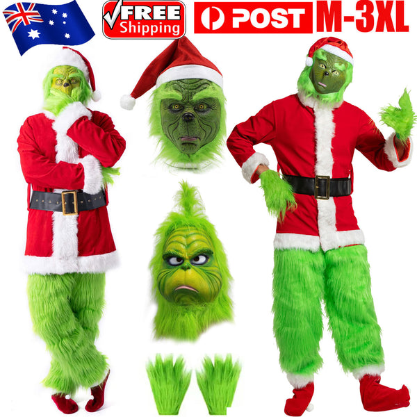 Adult green grump Christmas costume, two 7 piece sets with coat, pants, gloves, masks and Santa hat