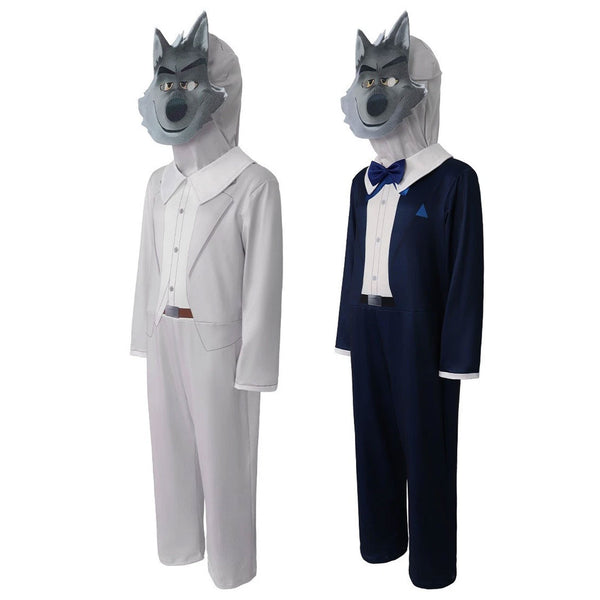 Blue and white Mr Wolf jumpsuit costume colour options